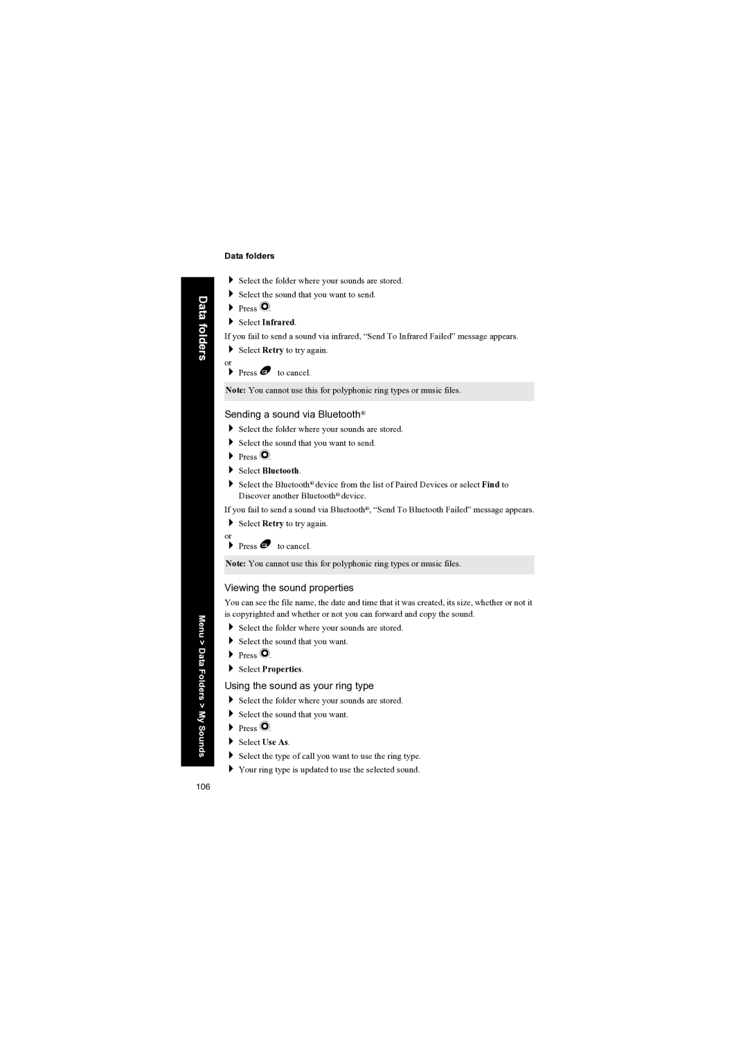 Panasonic EB-X70 manual Sending a sound via Bluetooth, Viewing the sound properties, Using the sound as your ring type 