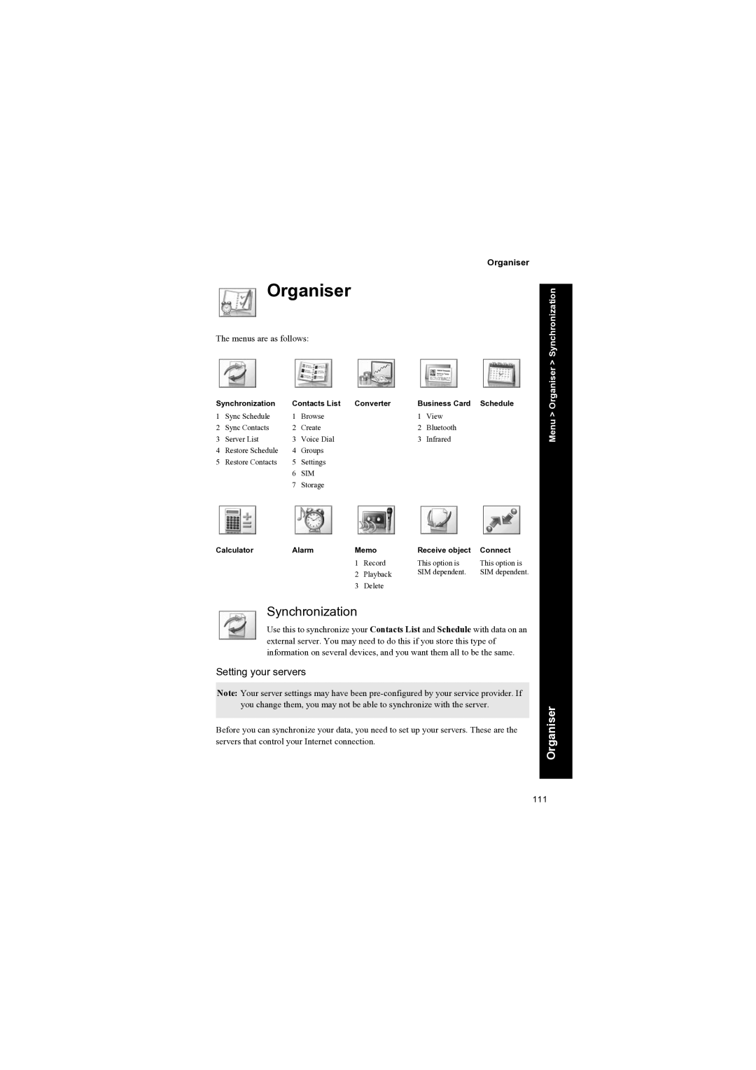 Panasonic EB-X70 manual Organiser, Synchronization, Setting your servers 