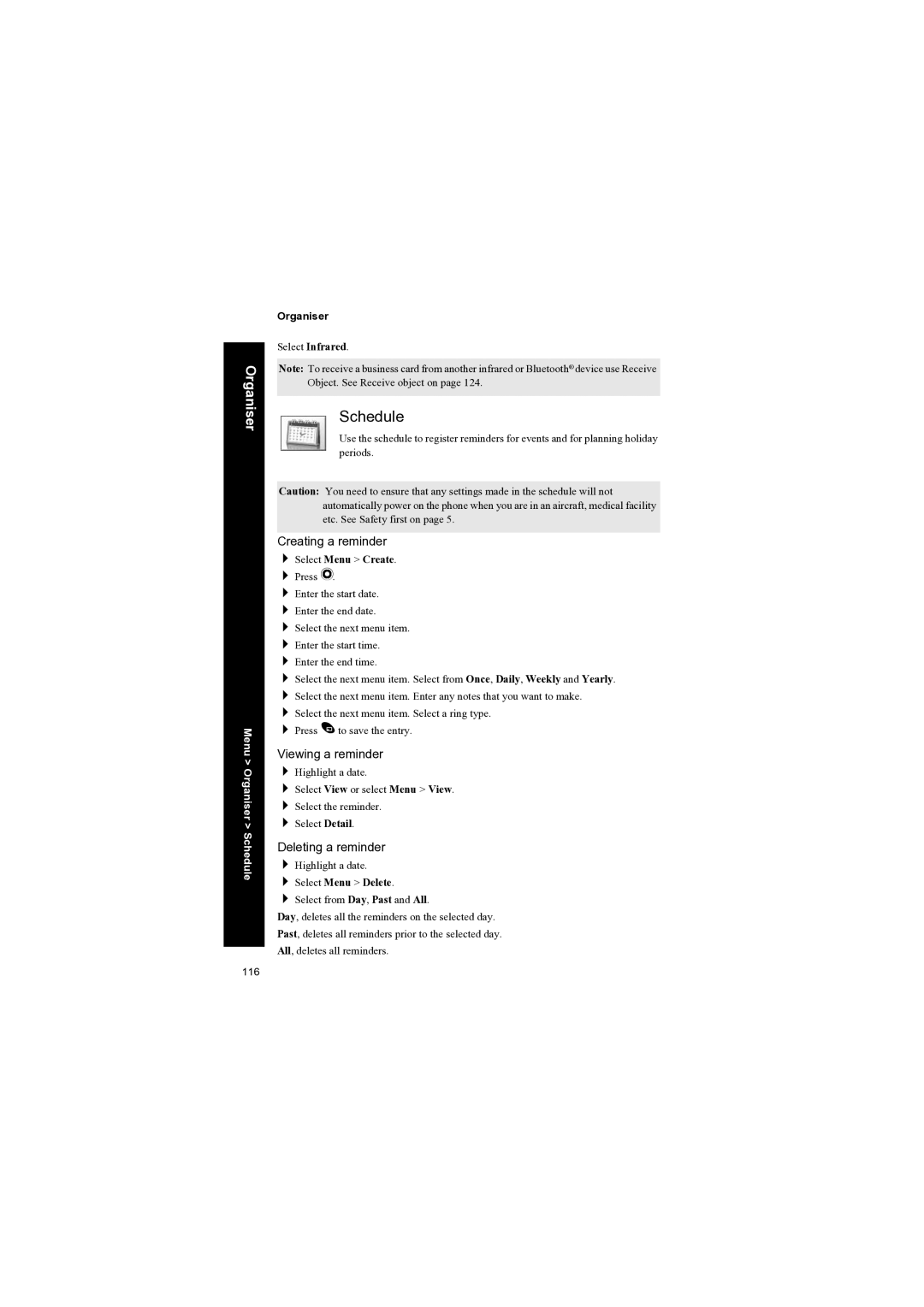 Panasonic EB-X70 manual Schedule, Creating a reminder, Viewing a reminder, Deleting a reminder, Select Menu Delete 