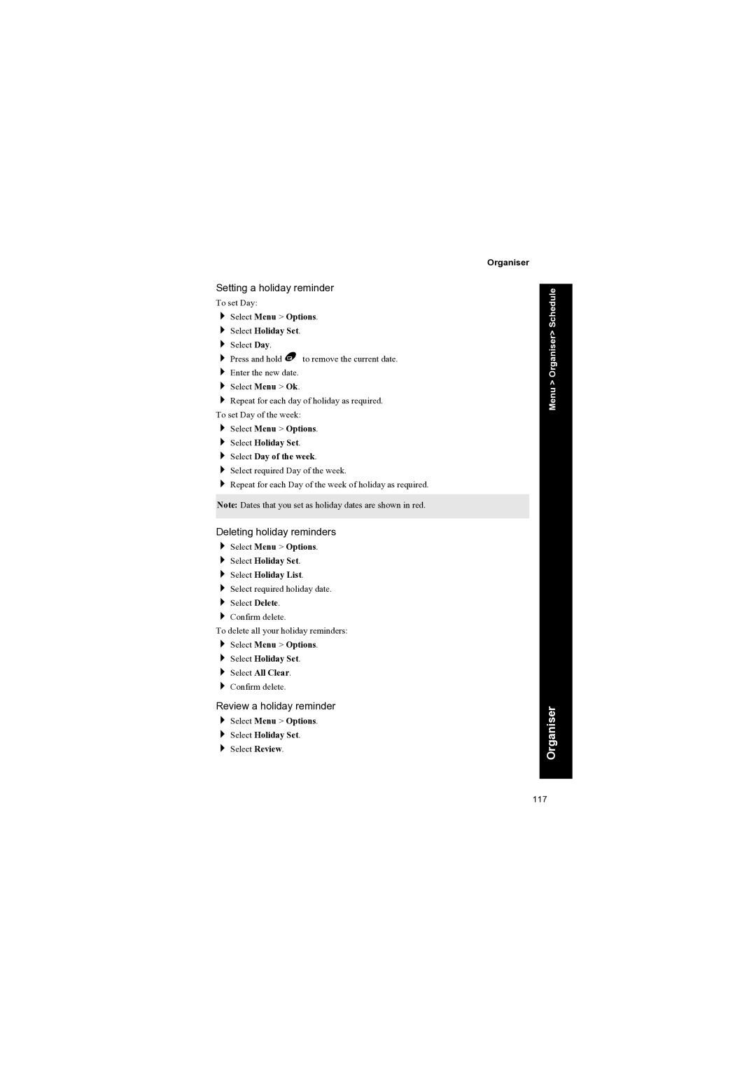 Panasonic EB-X70 manual Setting a holiday reminder, Deleting holiday reminders, Review a holiday reminder 