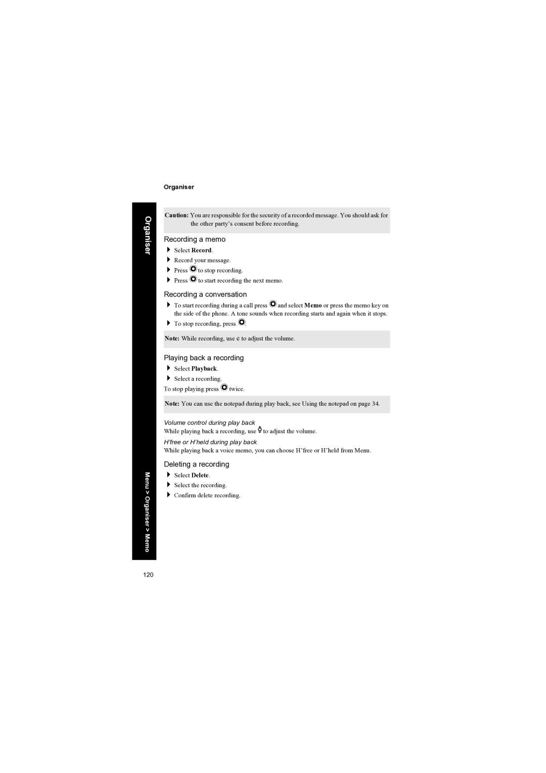 Panasonic EB-X70 manual Recording a memo, Recording a conversation, Playing back a recording, Deleting a recording 