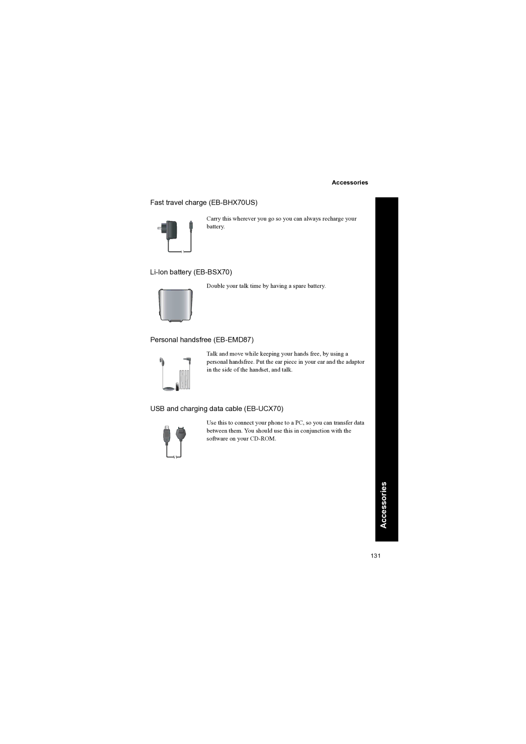 Panasonic EB-X70 manual Fast travel charge EB-BHX70US, Li-Ion battery EB-BSX70, Personal handsfree EB-EMD87 