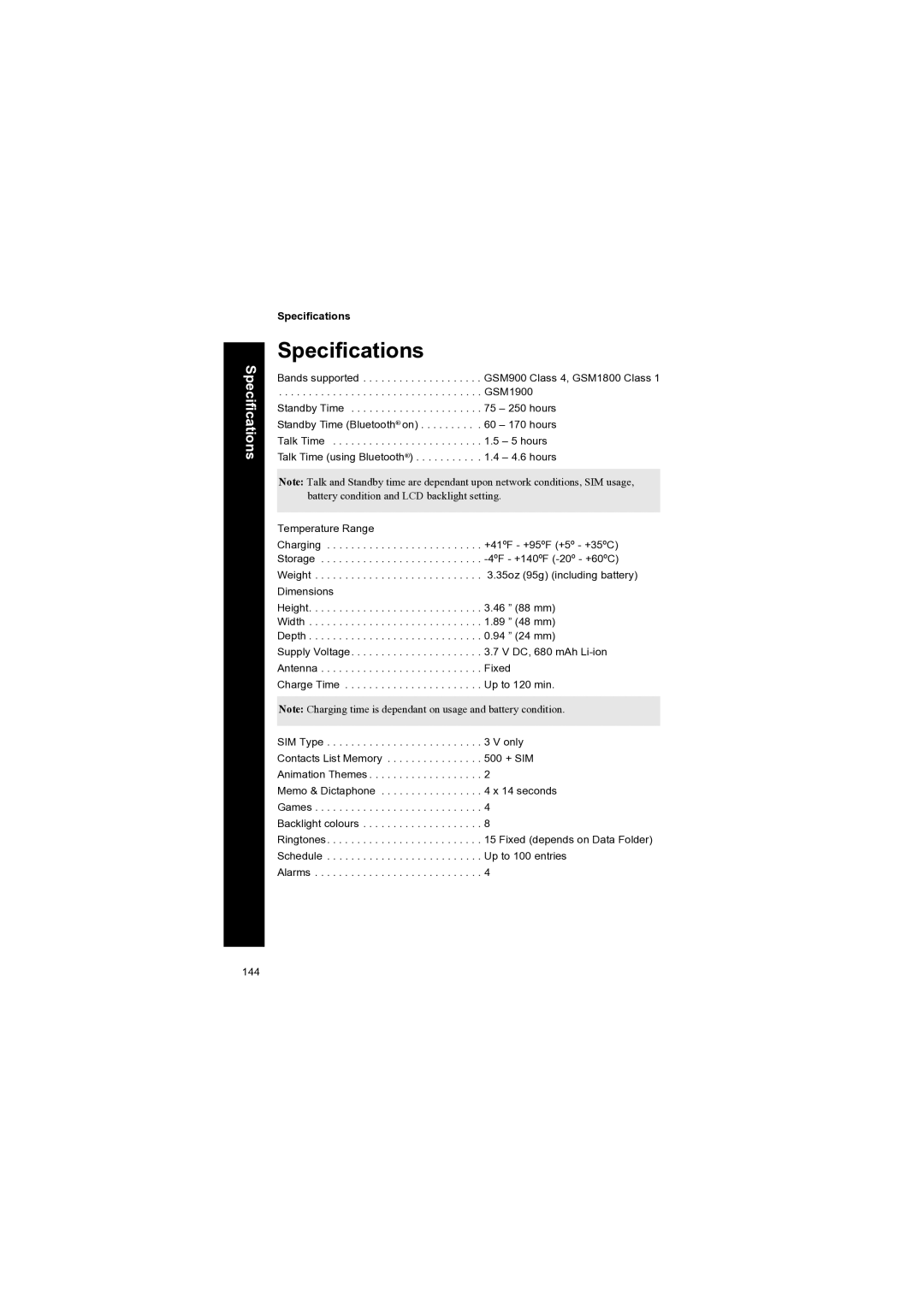 Panasonic EB-X70 manual Specifications, Temperature Range 