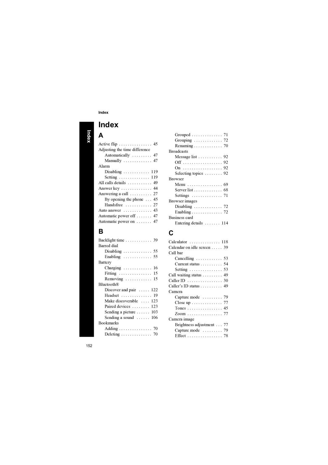 Panasonic EB-X70 manual Index, Alarm 