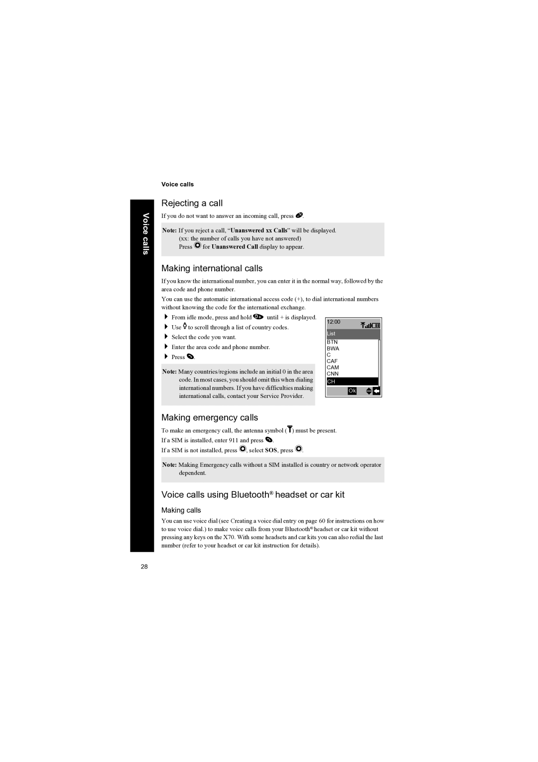 Panasonic EB-X70 manual Rejecting a call, Making international calls, Making emergency calls, Making calls 