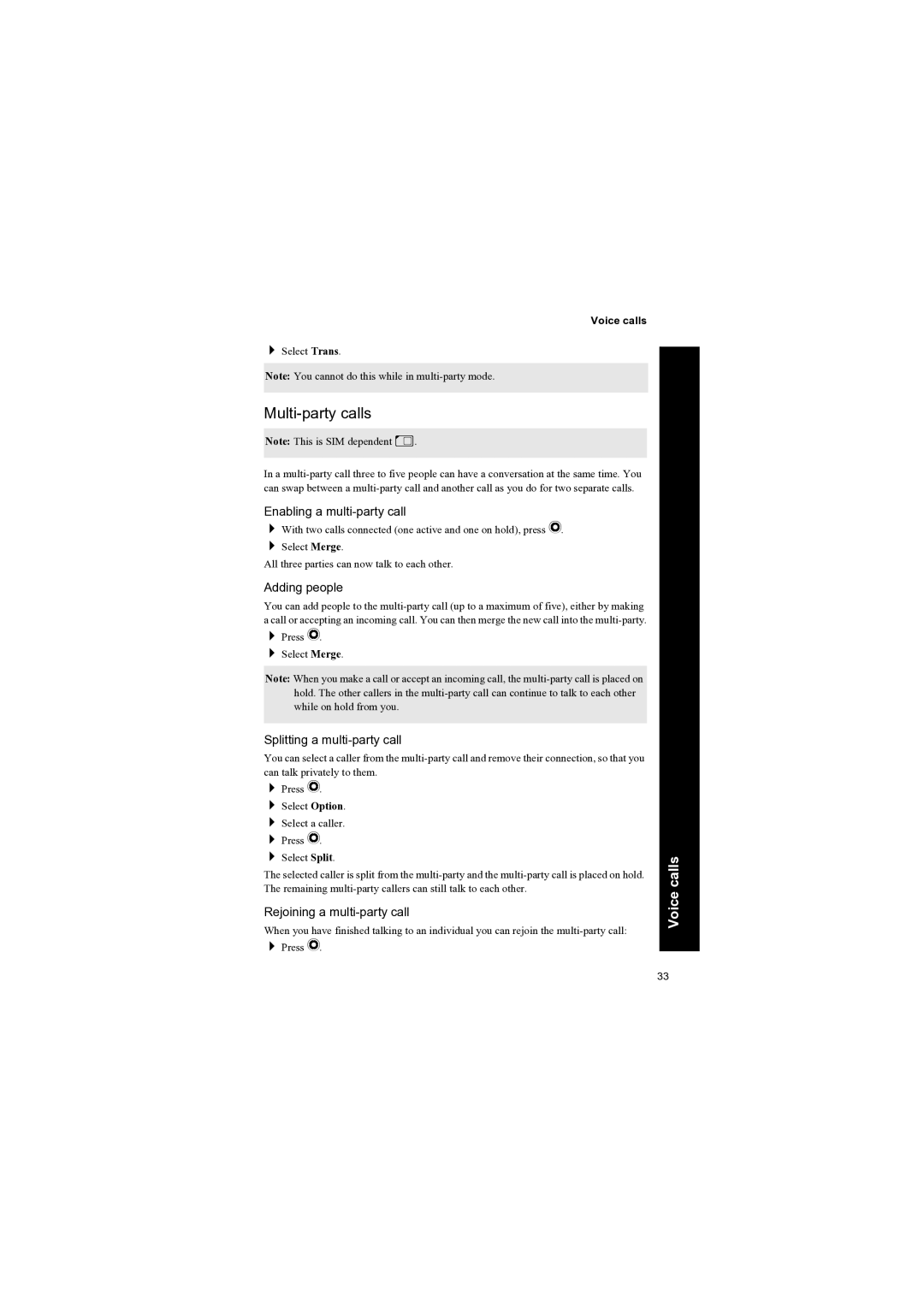 Panasonic EB-X70 manual Multi-party calls, Enabling a multi-party call, Adding people, Splitting a multi-party call 