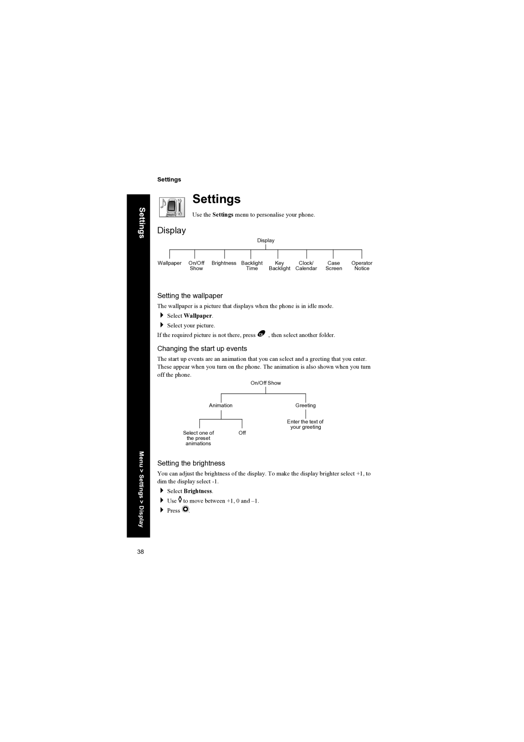 Panasonic EB-X70 manual Settings, Display, Setting the wallpaper, Changing the start up events, Setting the brightness 