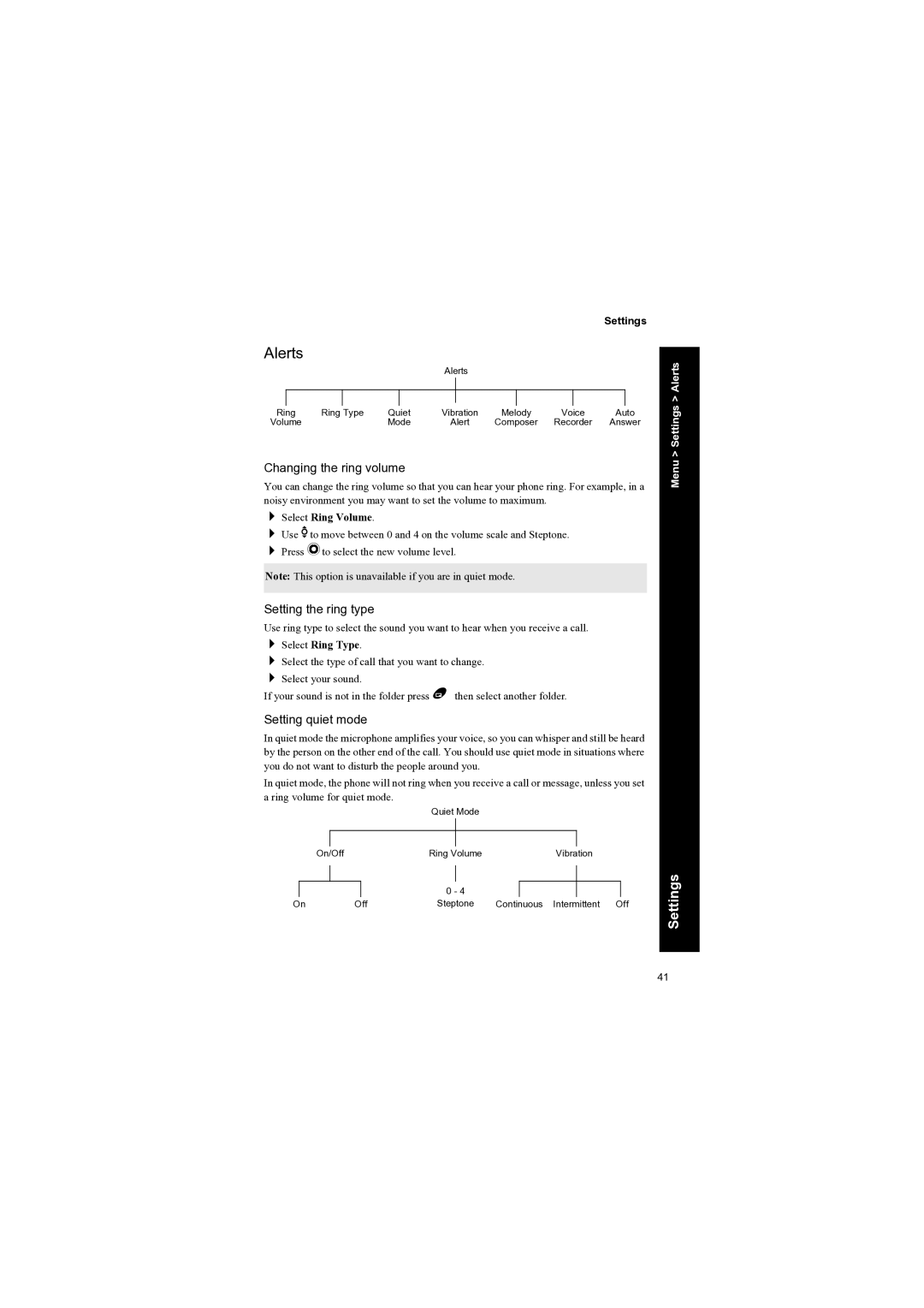 Panasonic EB-X70 manual Alerts, Changing the ring volume, Setting the ring type, Setting quiet mode 