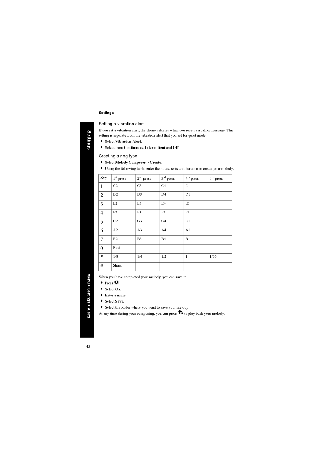 Panasonic EB-X70 manual Setting a vibration alert, Creating a ring type, Select Melody Composer Create 