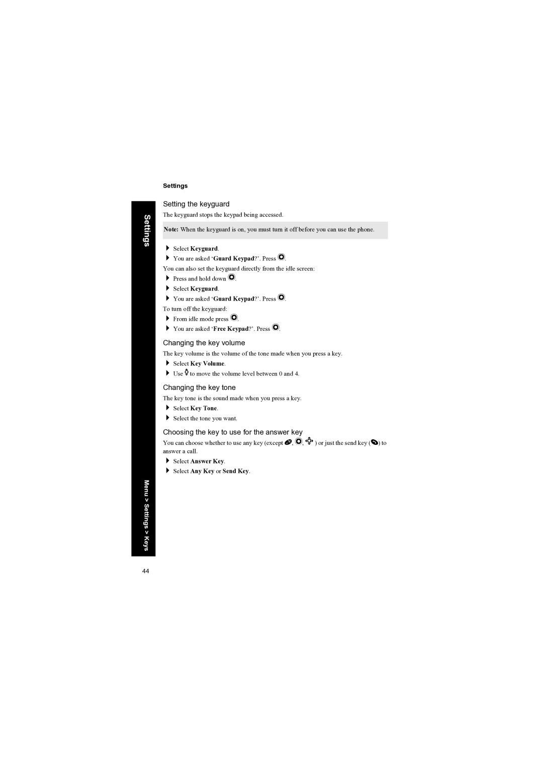 Panasonic EB-X70 manual Setting the keyguard, Changing the key volume, Changing the key tone 