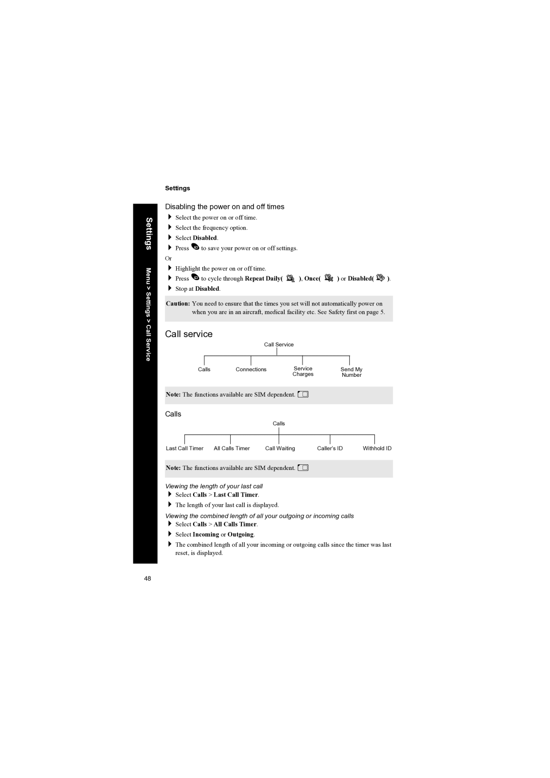 Panasonic EB-X70 manual Call service, Disabling the power on and off times, Calls 