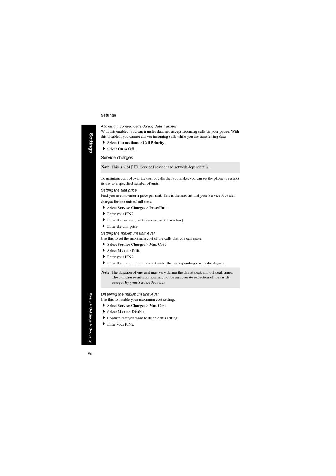 Panasonic EB-X70 manual Service charges, Select Connections Call Priority, Select Service Charges Price/Unit 