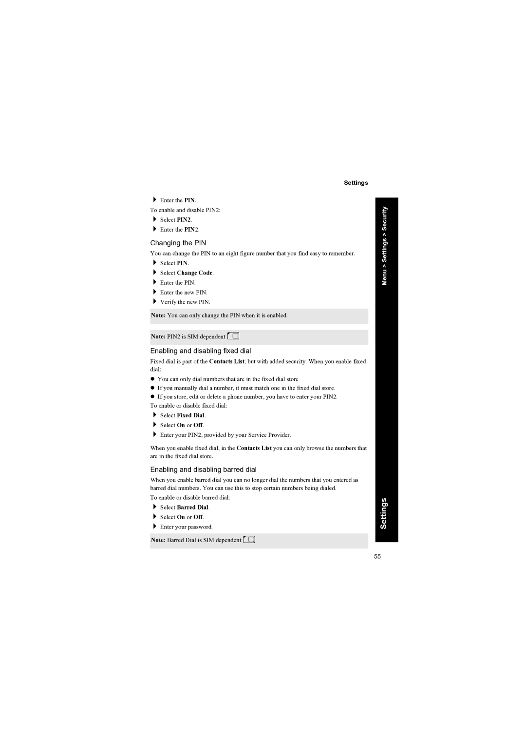 Panasonic EB-X70 manual Changing the PIN, Enabling and disabling fixed dial, Enabling and disabling barred dial 