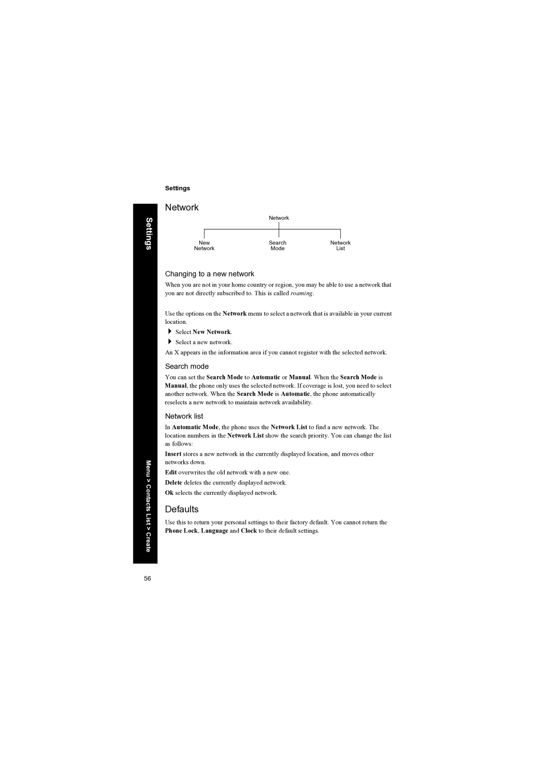 Panasonic EB-X70 manual Defaults, Changing to a new network, Search mode, Network list 