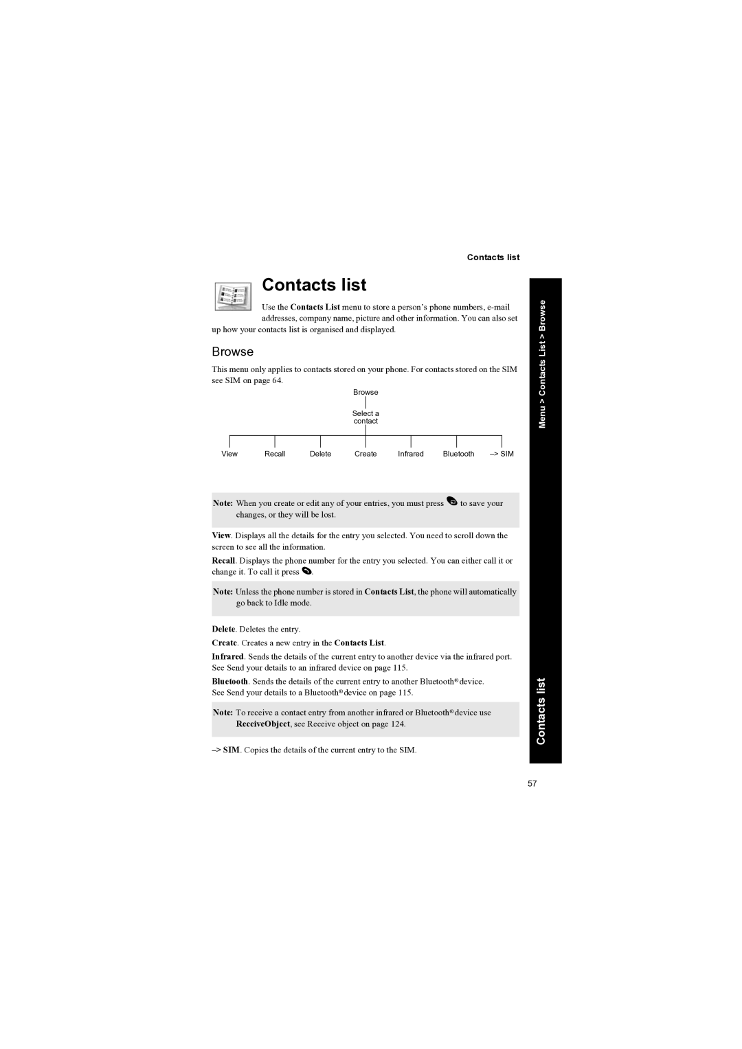 Panasonic EB-X70 manual Contacts list, Browse 