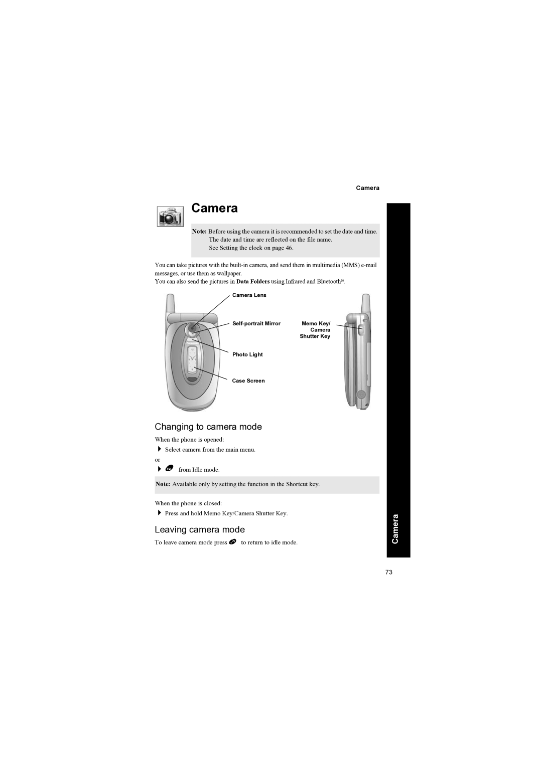 Panasonic EB-X70 manual Camera, Changing to camera mode, Leaving camera mode 