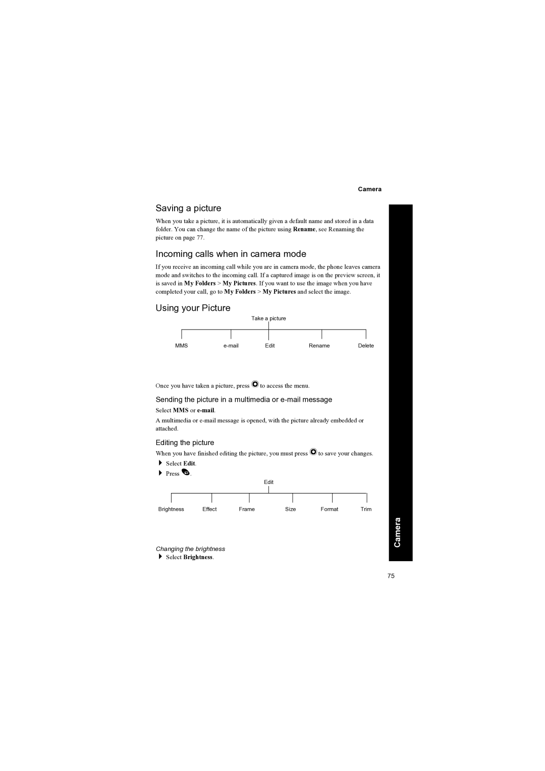 Panasonic EB-X70 manual Saving a picture, Incoming calls when in camera mode, Using your Picture, Editing the picture 