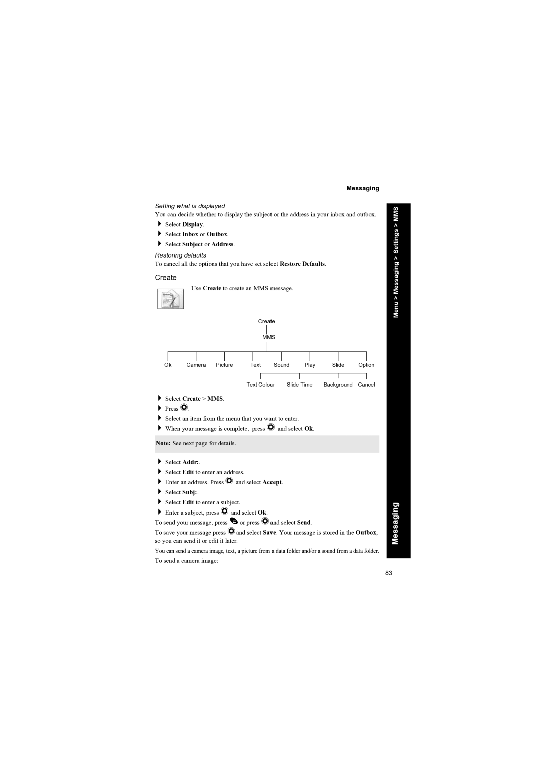 Panasonic EB-X70 Create, Setting what is displayed, Select Inbox or Outbox Select Subject or Address, Restoring defaults 