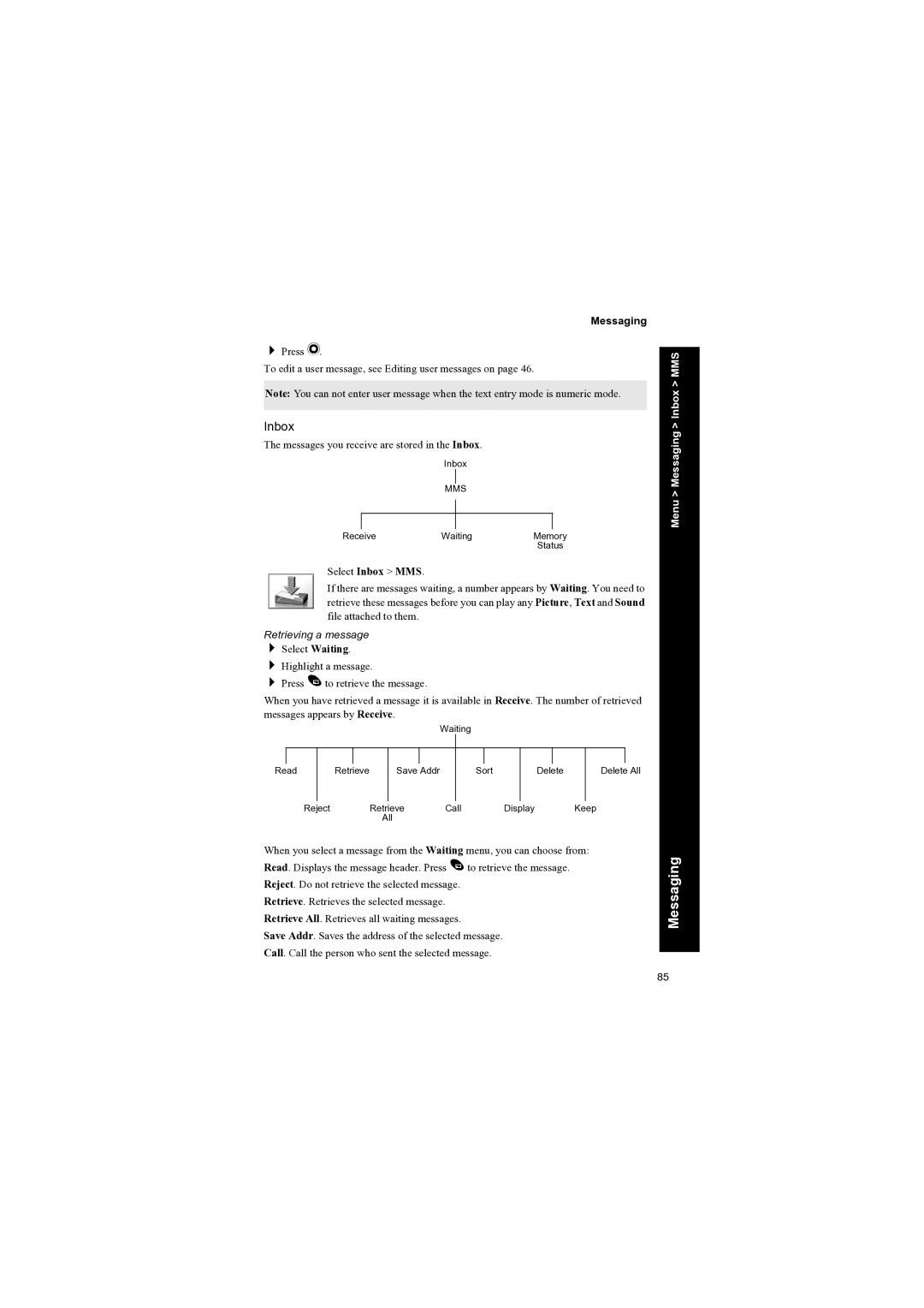 Panasonic EB-X70 manual Inbox, Retrieving a message 