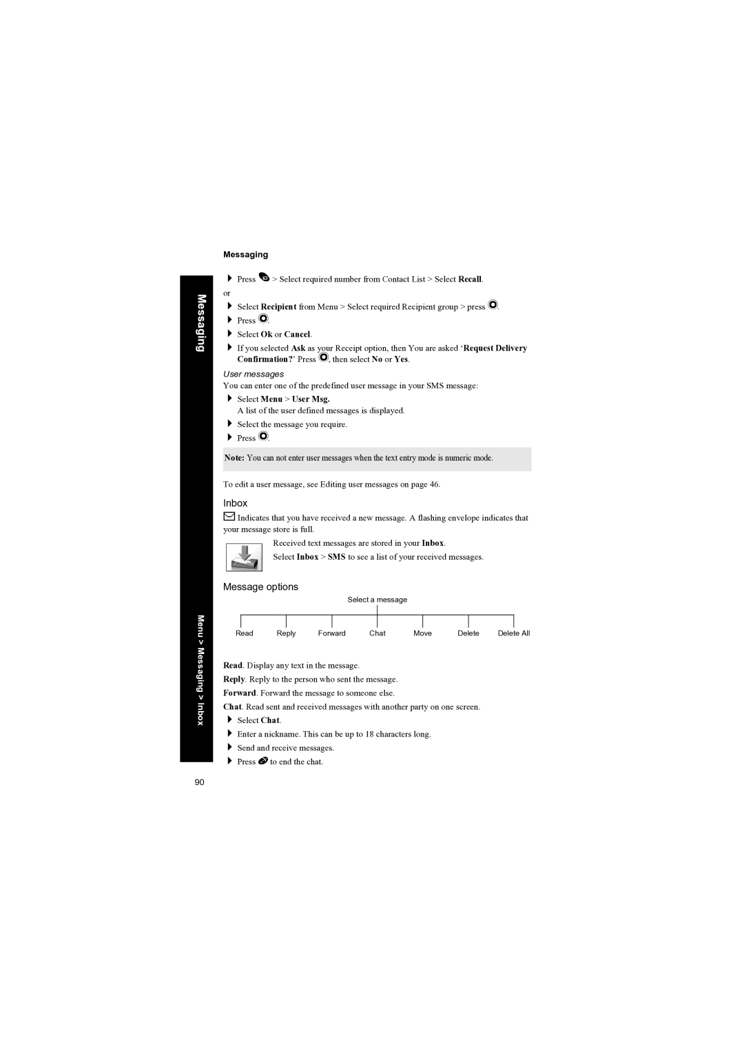 Panasonic EB-X70 manual Message options, Menu Messaging Inbox 