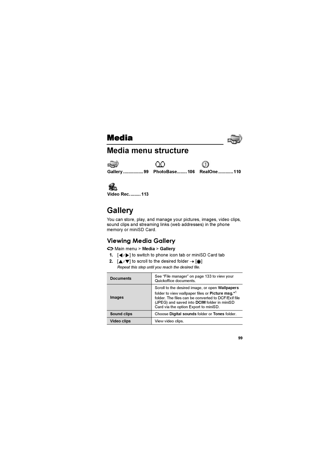 Panasonic EB-X800 manual Media Media menu structure, Viewing Media Gallery, RealOne 110 