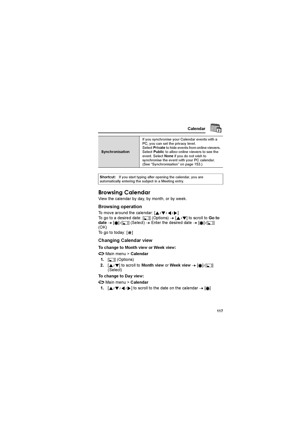 Panasonic EB-X800 manual Browsing Calendar, Browsing operation, Changing Calendar view 