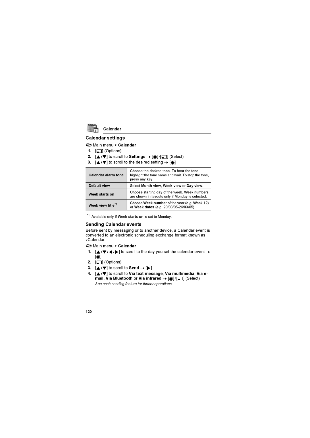 Panasonic EB-X800 manual Calendar settings, Sending Calendar events, Calendar alarm tone, Week view title*1, 120 