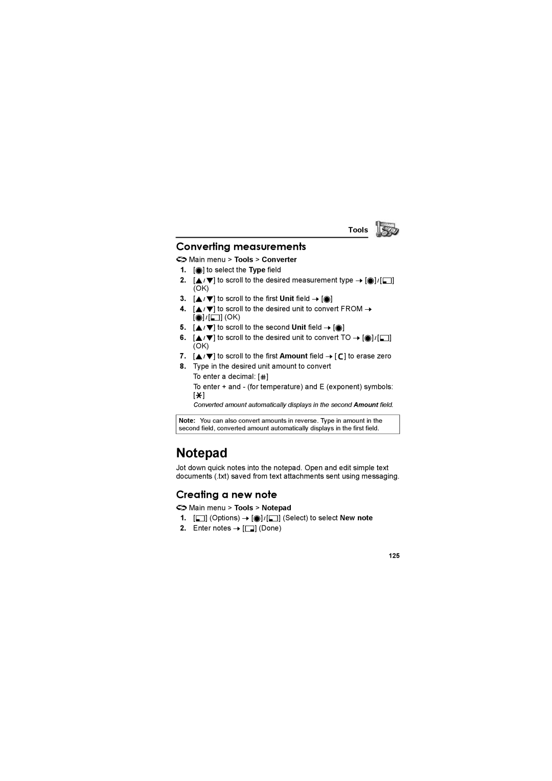 Panasonic EB-X800 manual Converting measurements, Creating a new note, 125 