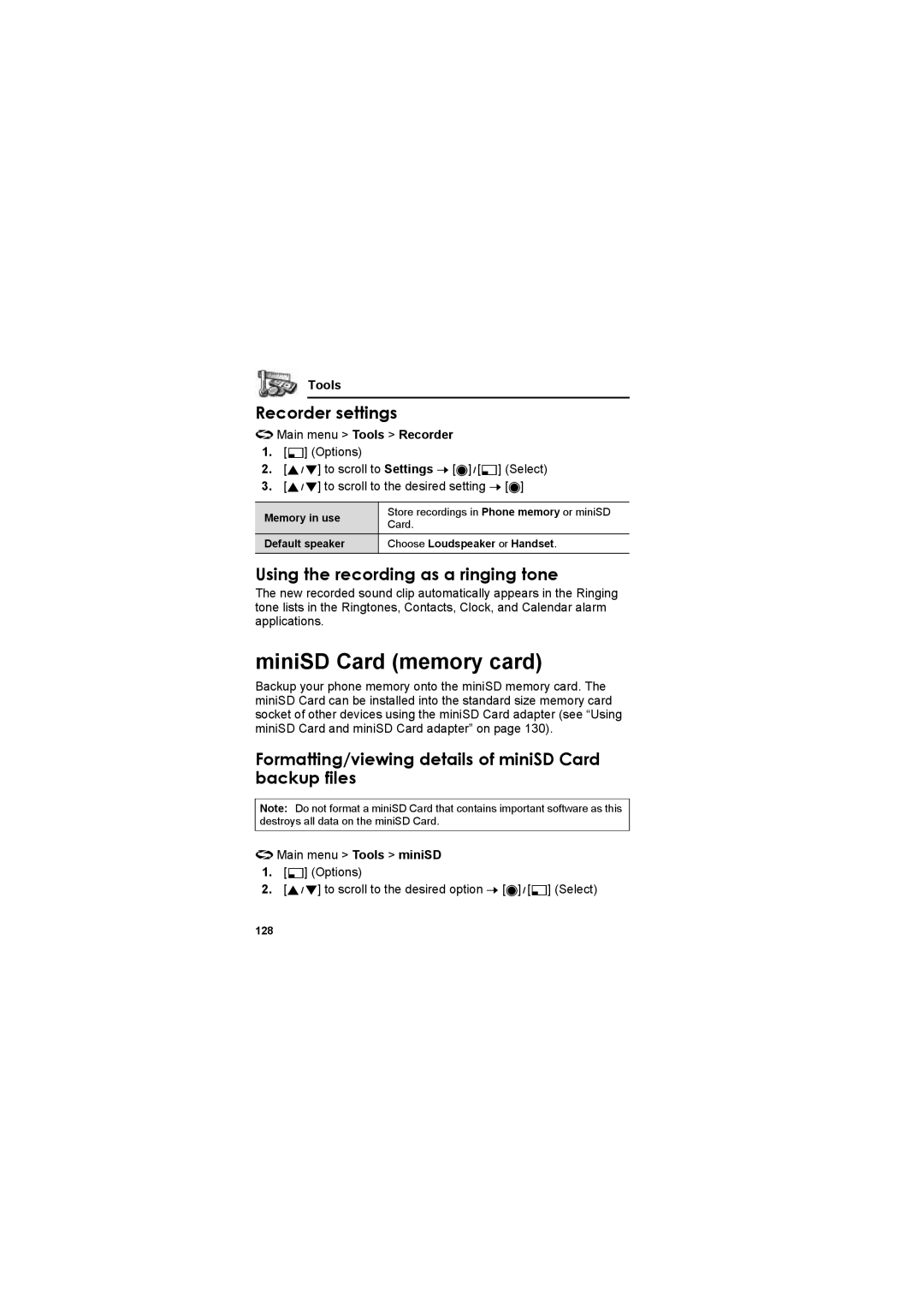 Panasonic EB-X800 manual MiniSD Card memory card, Recorder settings, Using the recording as a ringing tone 