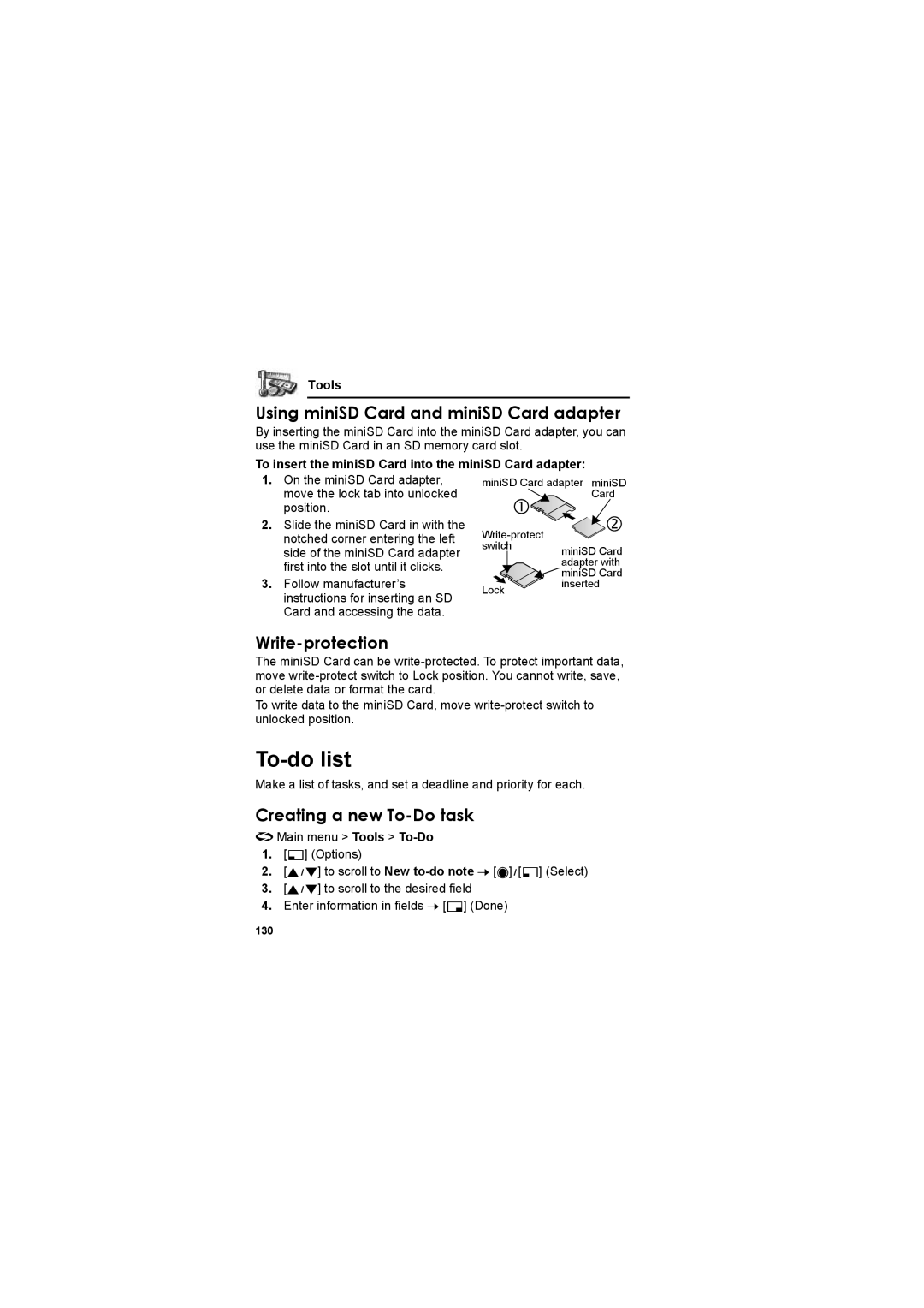 Panasonic EB-X800 manual To-do list, Using miniSD Card and miniSD Card adapter, Write-protection, Creating a new To-Do task 