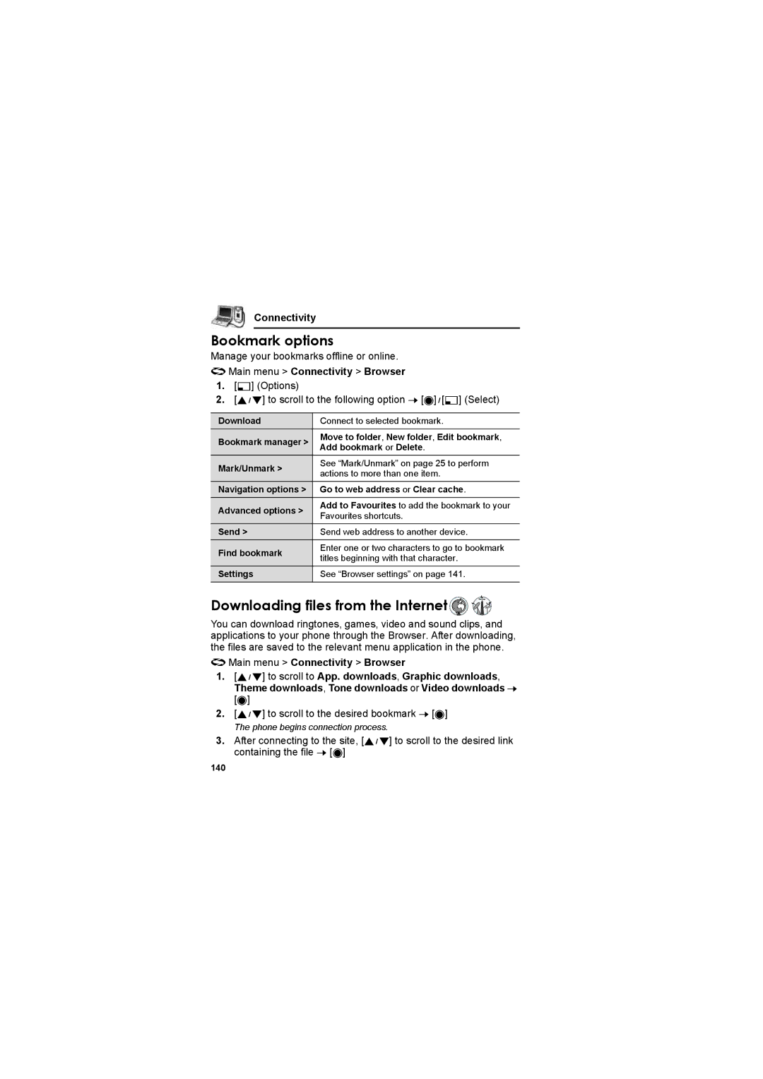 Panasonic EB-X800 manual Bookmark options, Downloading files from the Internet, To scroll to the desired bookmark 7, 140 