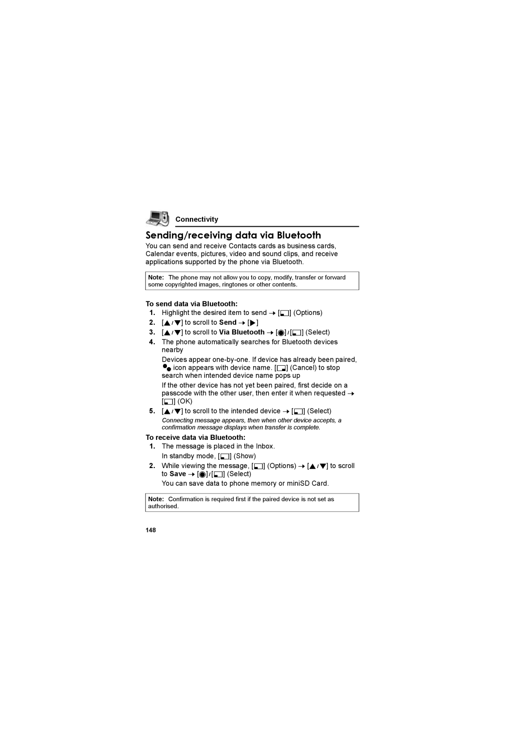 Panasonic EB-X800 Sending/receiving data via Bluetooth, To send data via Bluetooth, To receive data via Bluetooth, 148 