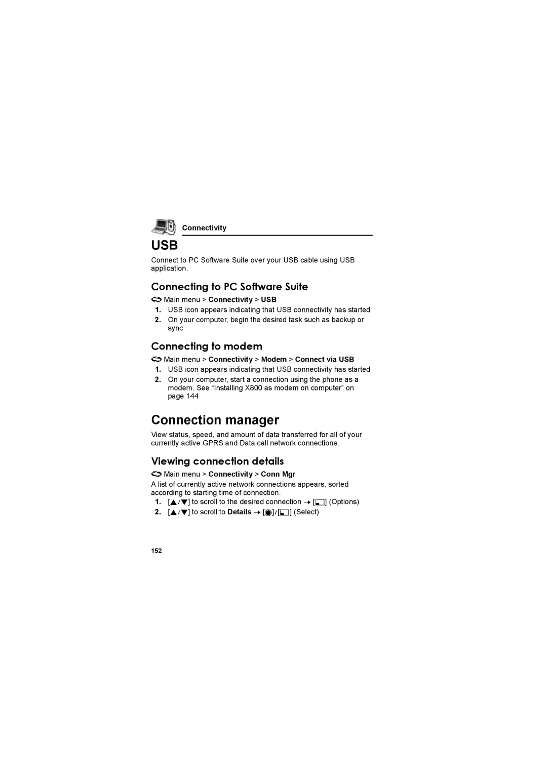 Panasonic EB-X800 Connection manager, Connecting to PC Software Suite, Connecting to modem, Viewing connection details 