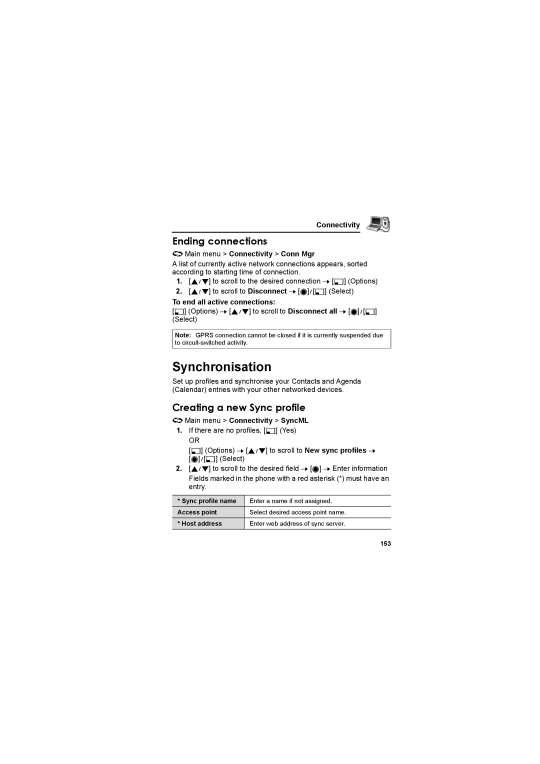 Panasonic EB-X800 manual Synchronisation, Ending connections, Creating a new Sync profile, To end all active connections 