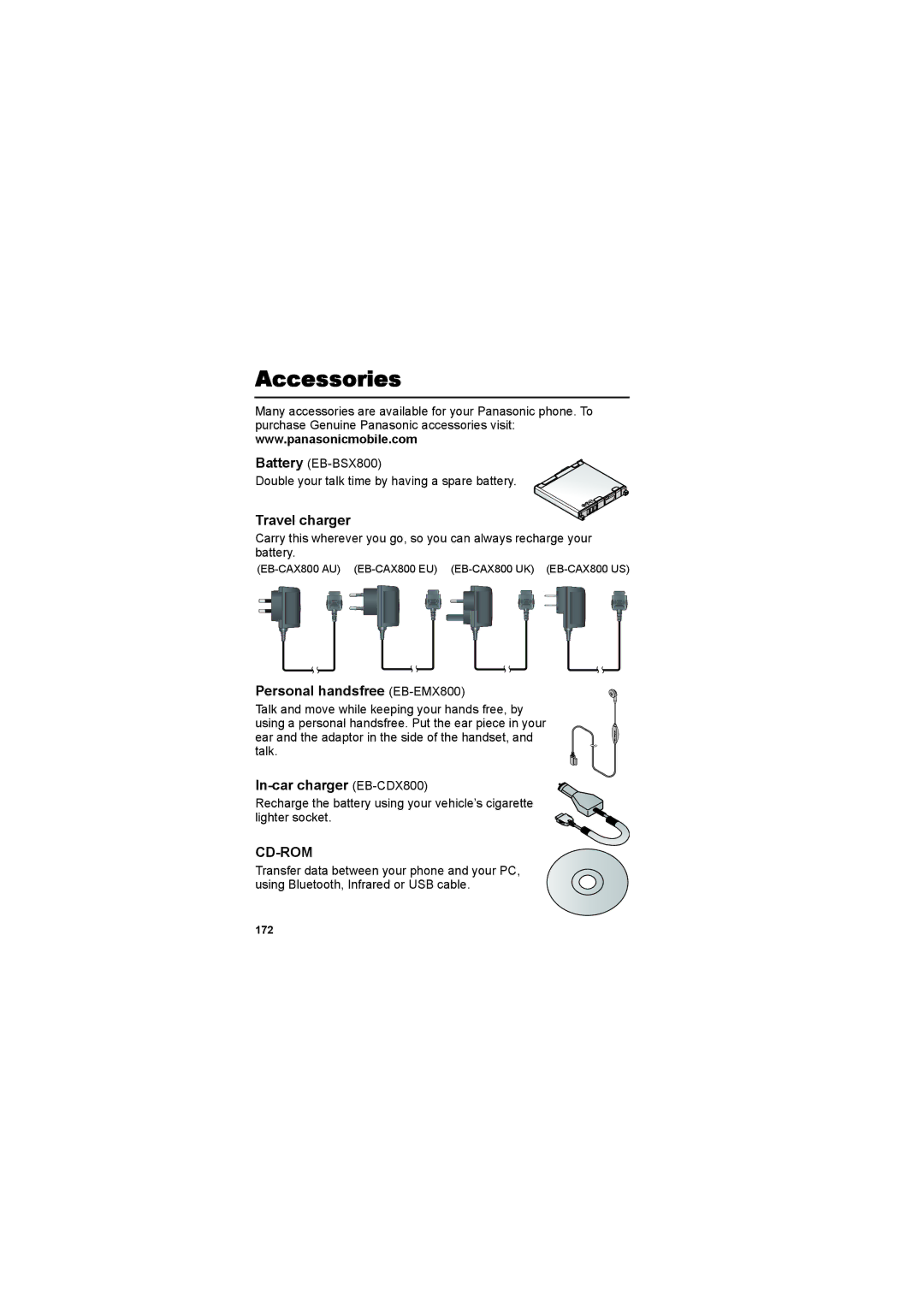 Panasonic EB-X800 manual Accessories, Travel charger, Personal handsfree EB-EMX800, In-car charger EB-CDX800, 172 