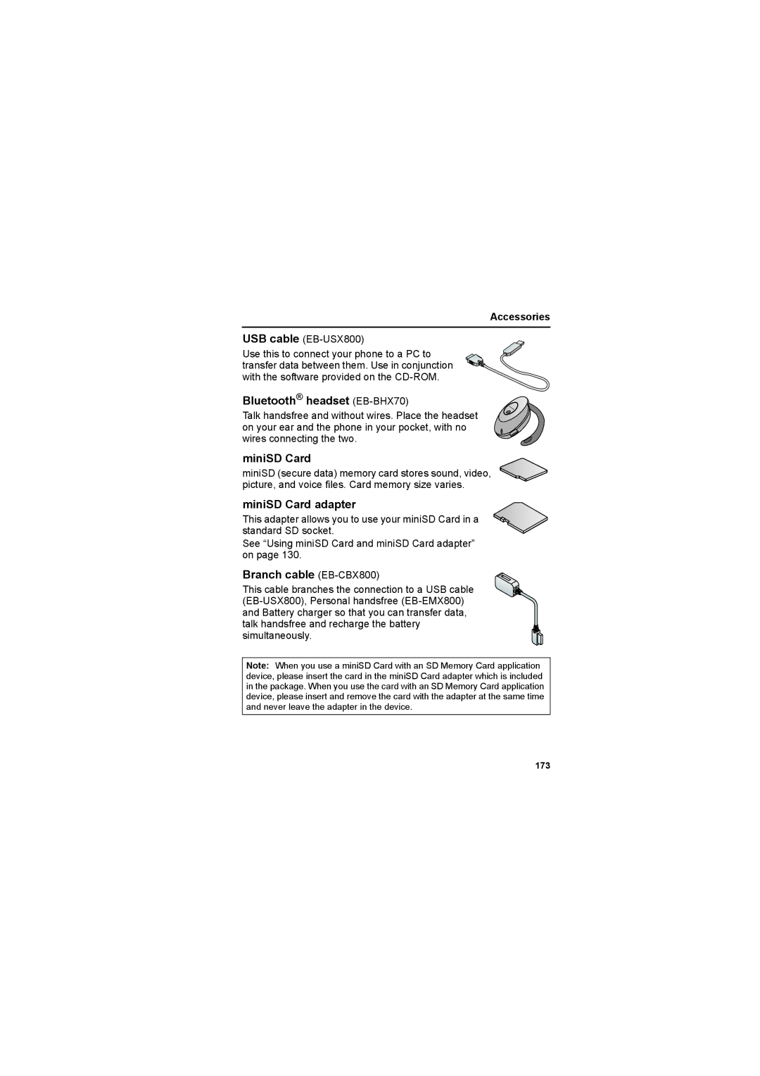 Panasonic EB-X800 manual Bluetooth headset EB-BHX70, MiniSD Card adapter, Branch cable EB-CBX800, Accessories 