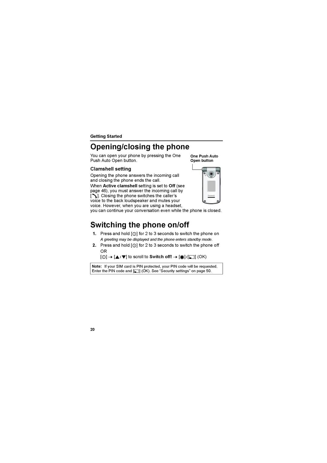 Panasonic EB-X800 manual Opening/closing the phone, Switching the phone on/off, Clamshell setting, Push Auto Open button 