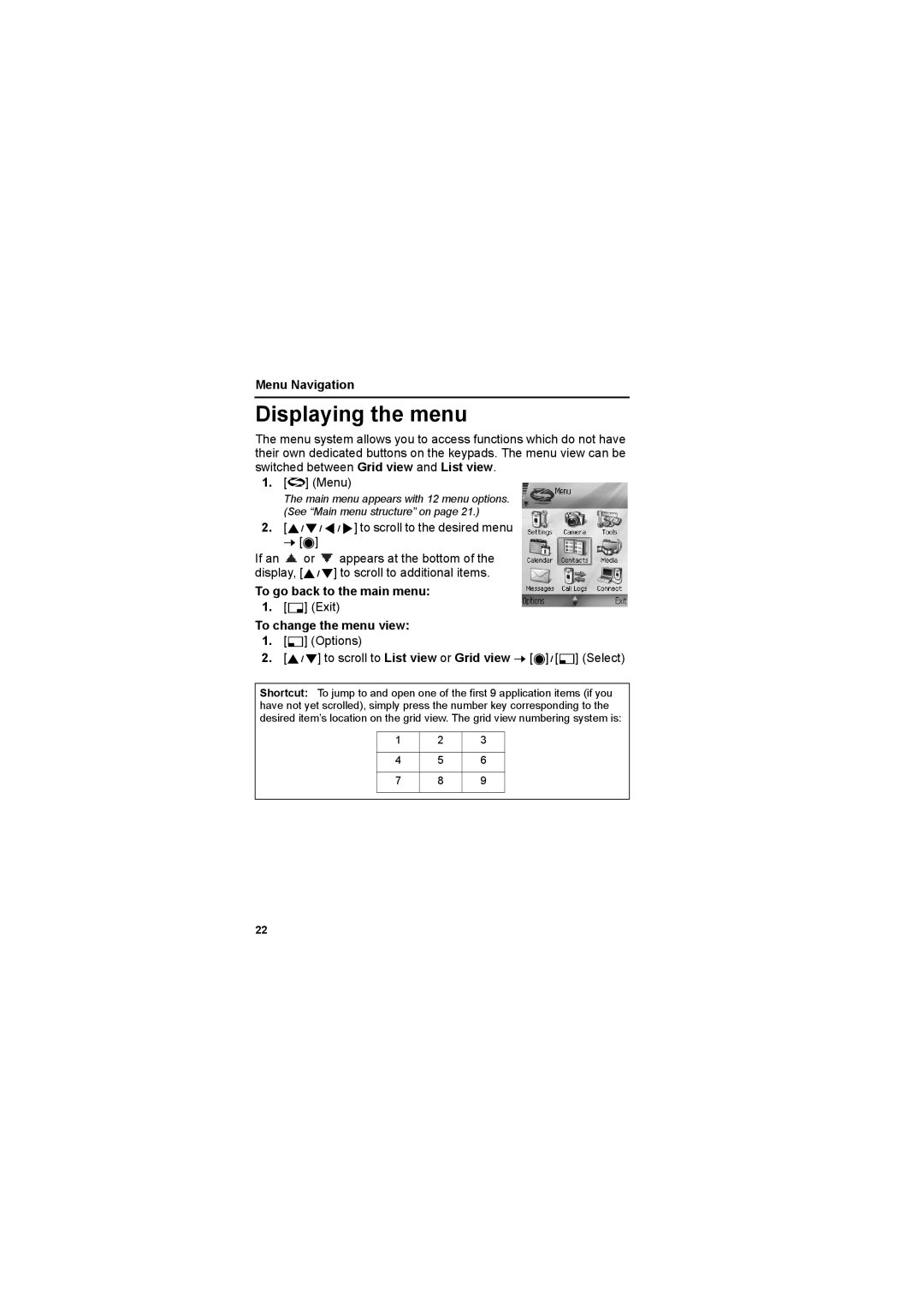 Panasonic EB-X800 manual Displaying the menu, To go back to the main menu, Exit, To change the menu view 