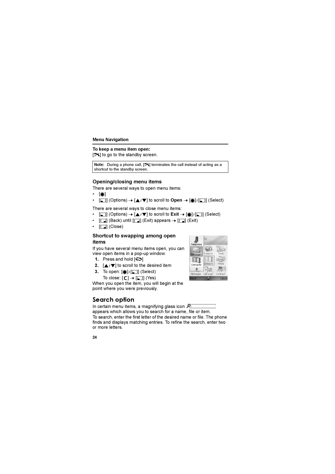 Panasonic EB-X800 manual Search option, Opening/closing menu items, Shortcut to swapping among open items 