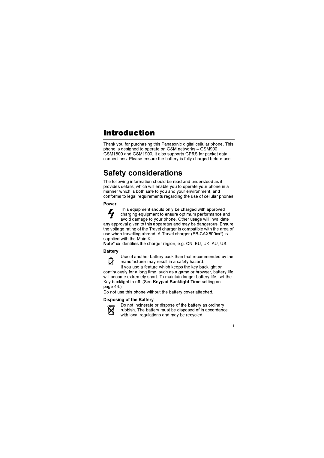 Panasonic EB-X800 manual Introduction, Safety considerations, Power, Disposing of the Battery 