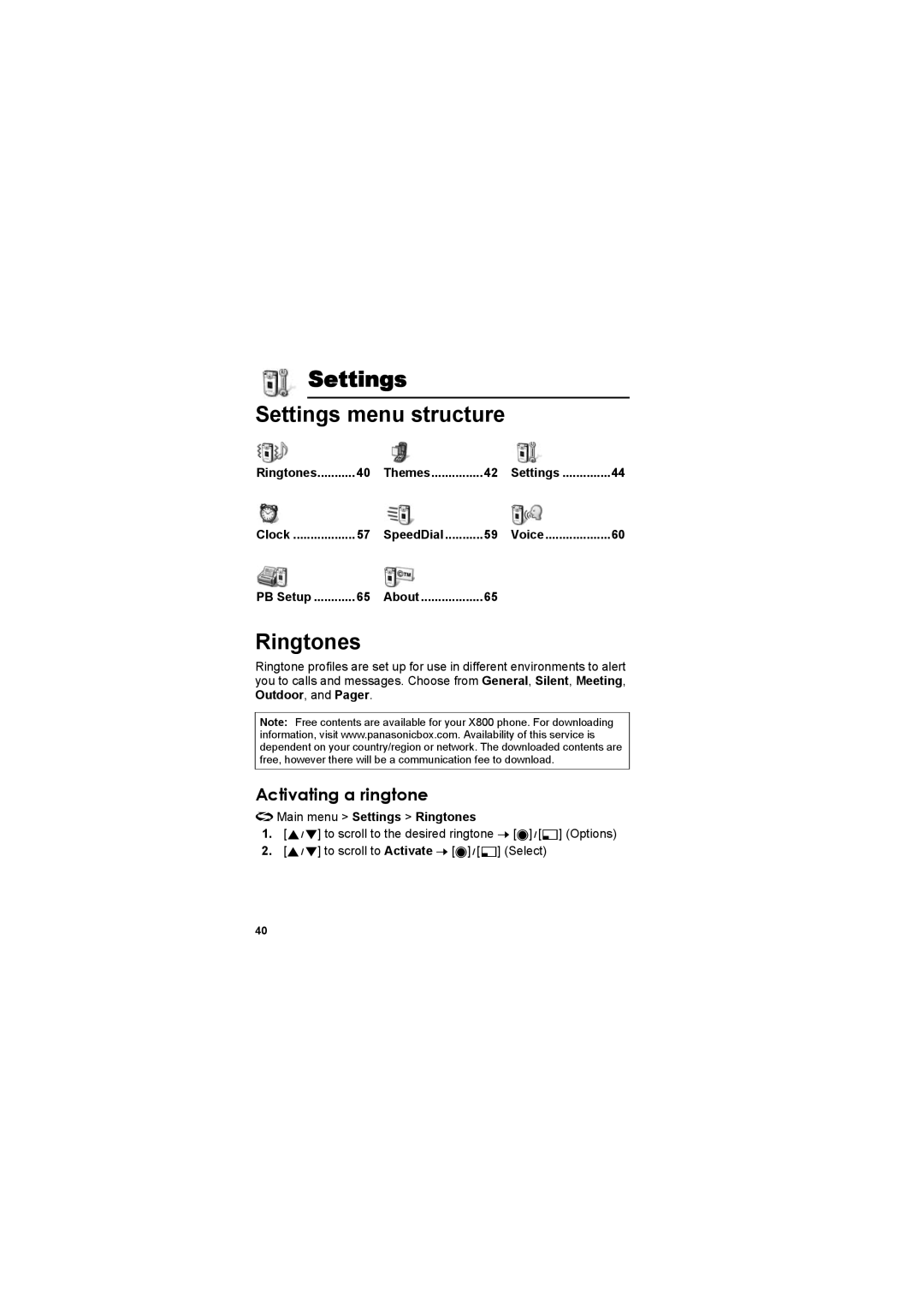 Panasonic EB-X800 manual Settings Settings menu structure, Activating a ringtone, Main menu Settings Ringtones 