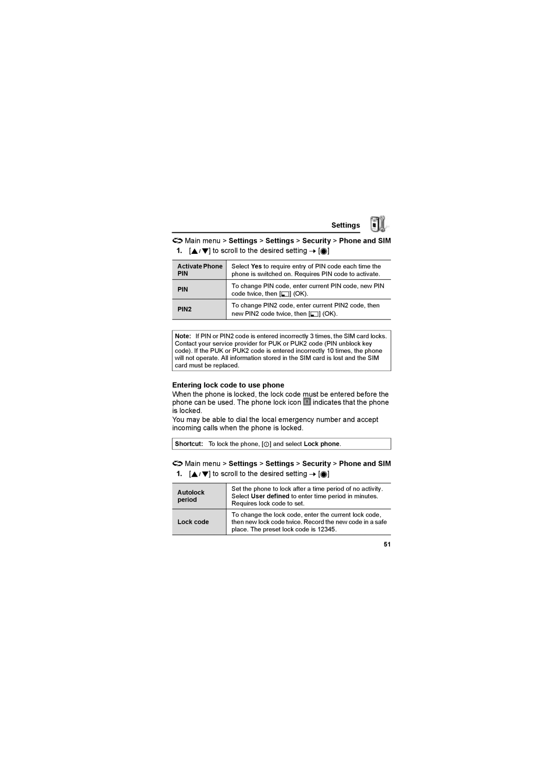 Panasonic EB-X800 manual Settings Main menu Settings Settings Security Phone and SIM, Entering lock code to use phone 