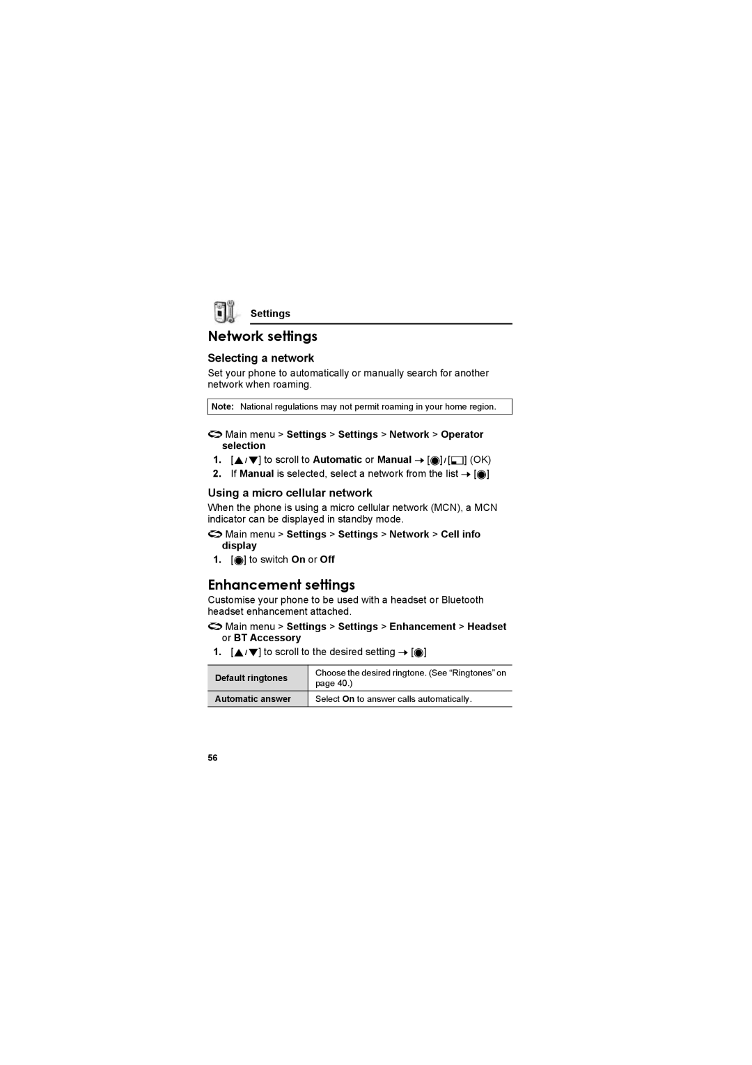 Panasonic EB-X800 manual Network settings, Enhancement settings, Selecting a network, Using a micro cellular network 