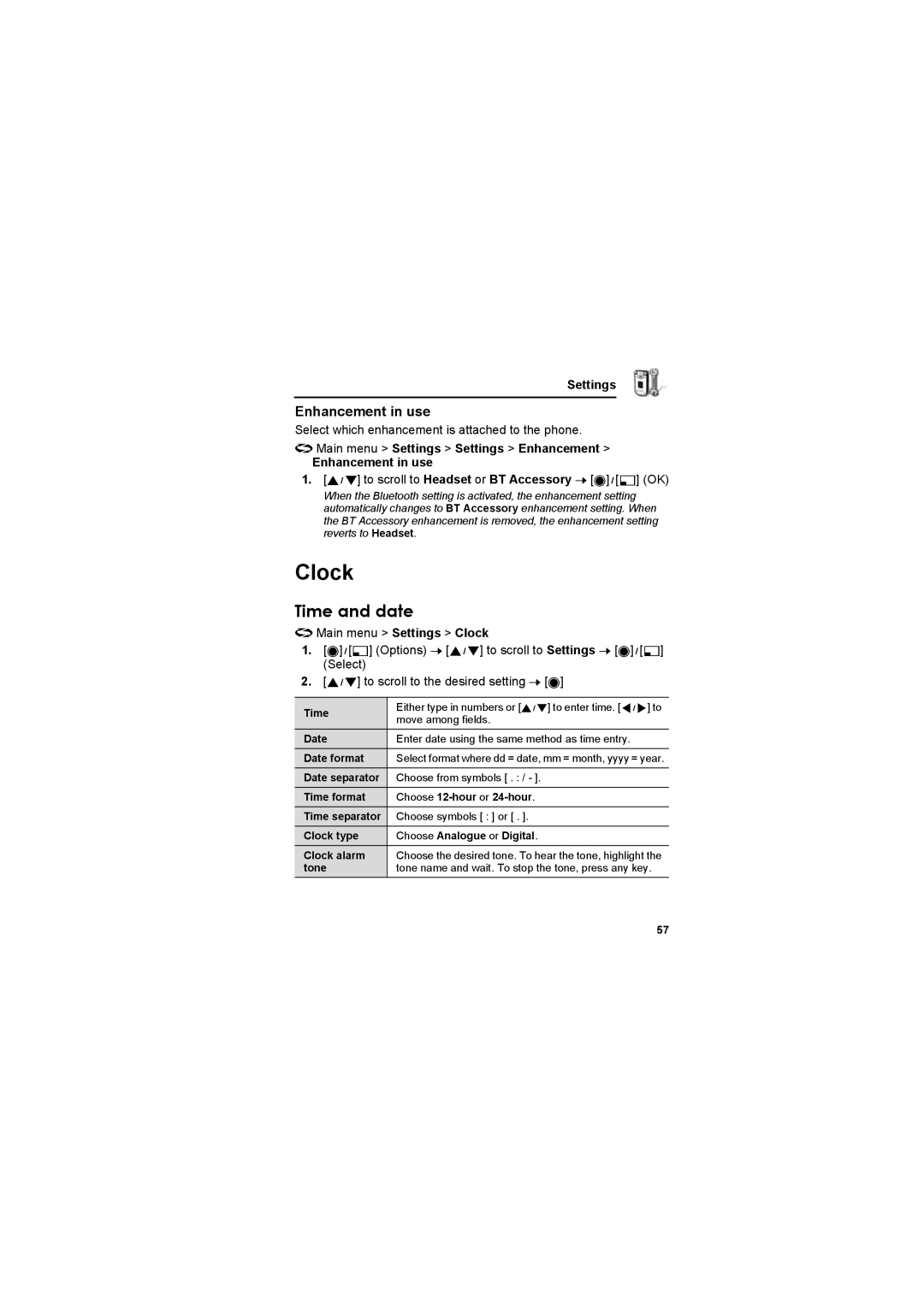 Panasonic EB-X800 manual Clock, Time and date, Main menu Settings Settings Enhancement Enhancement in use 