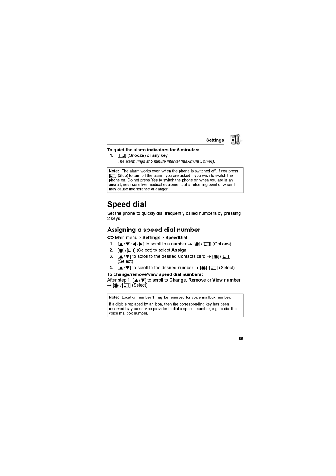 Panasonic EB-X800 manual Speed dial, Assigning a speed dial number, Settings To quiet the alarm indicators for 5 minutes 