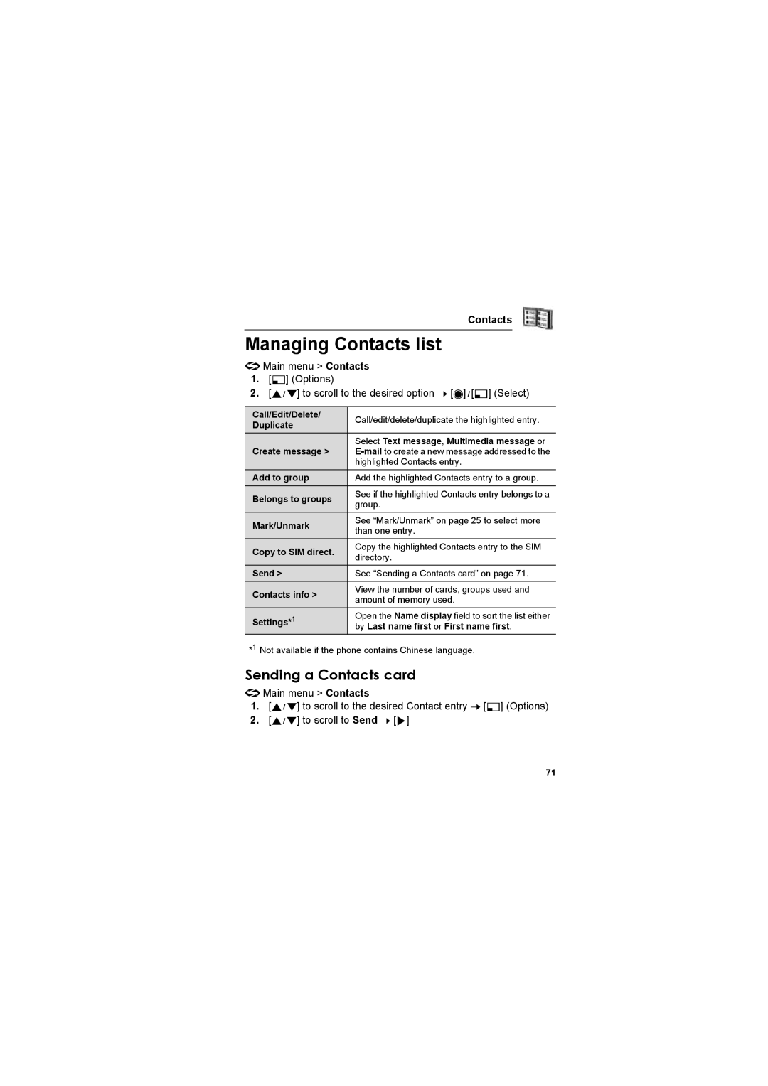 Panasonic EB-X800 manual Managing Contacts list, Sending a Contacts card 