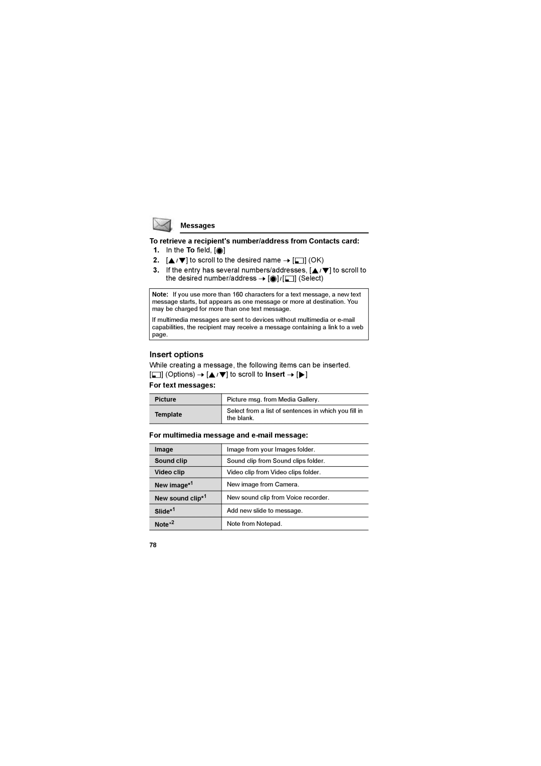 Panasonic EB-X800 manual Insert options, For text messages, For multimedia message and e-mail message, Blank 