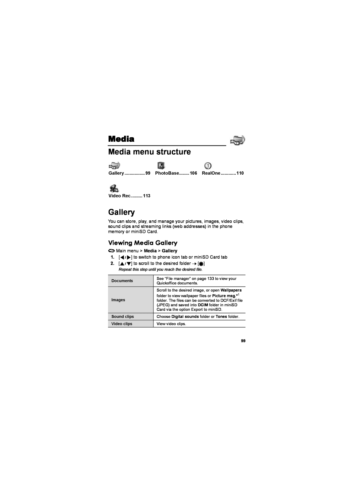 Panasonic EB-X800 manual Media Media menu structure, Viewing Media Gallery, RealOne 