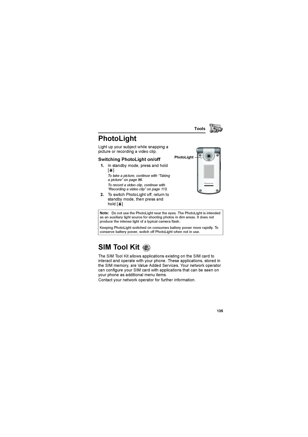 Panasonic EB-X800 manual SIM Tool Kit, Switching PhotoLight on/off, Tools 