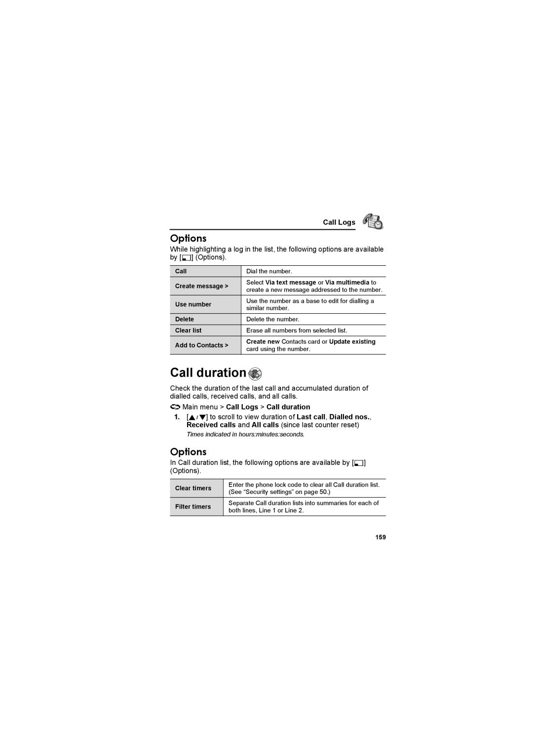 Panasonic EB-X800 manual Options, z Main menu Call Logs Call duration 